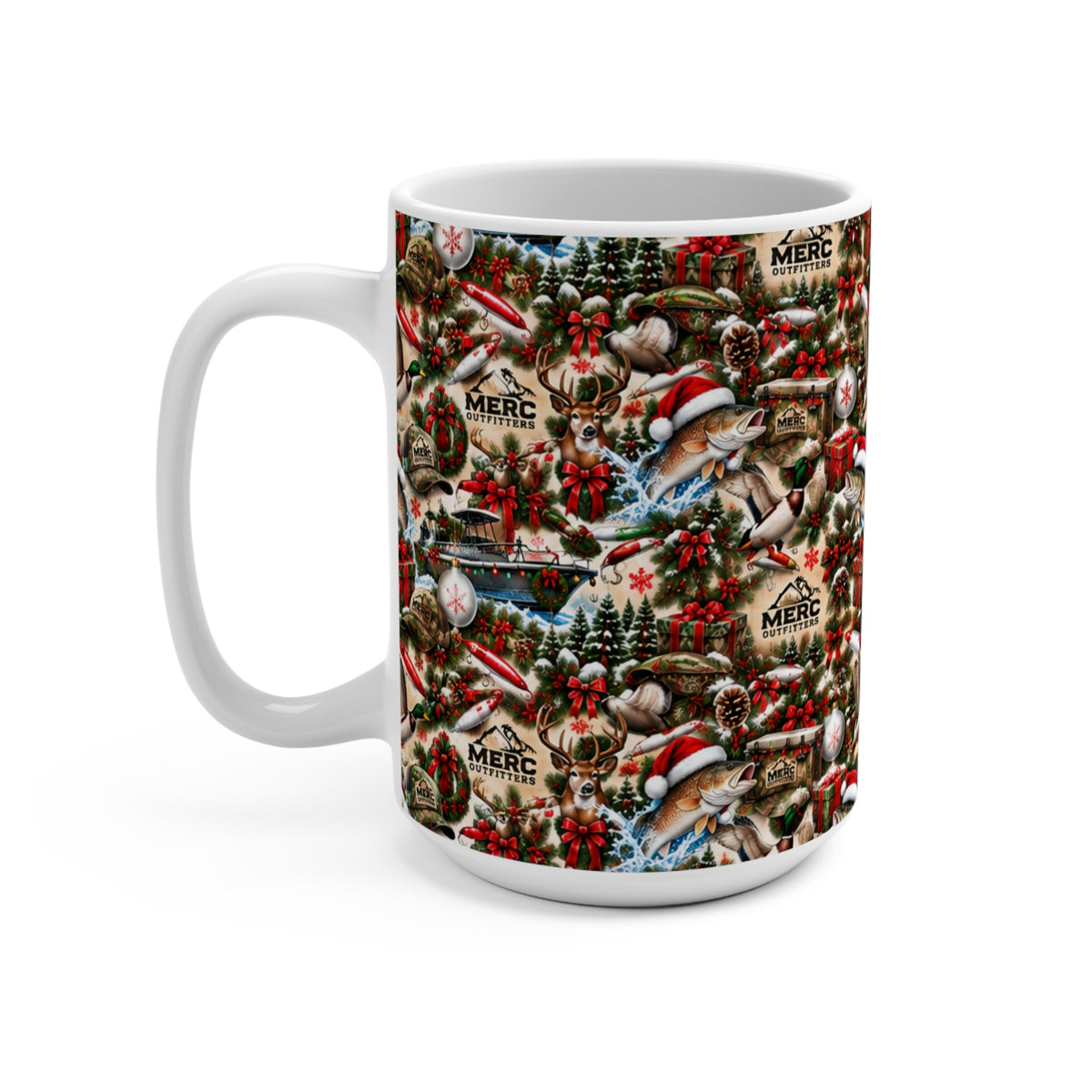Christmas Birds 15oz Ceramic Mug — Vintage Holiday Robin & Cardinal Pattern